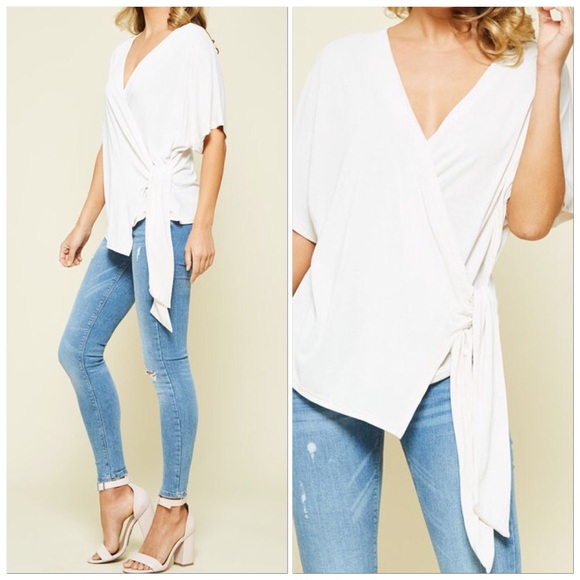 🆕Cream/Stone Short Flutter Sleeve Wrap Blouse Top - Picture 1 of 8